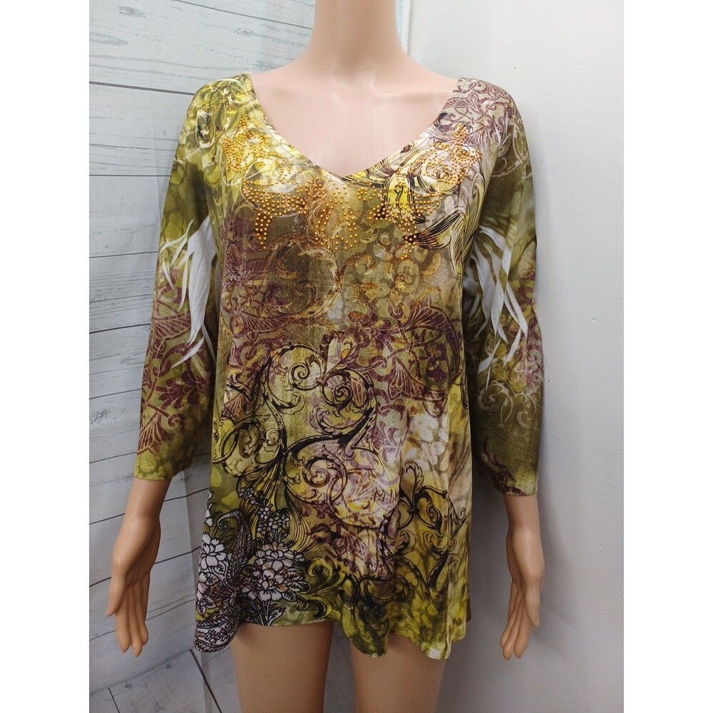 Weekend Choices Womens Top Sz XL Long Sleeve Green Boho Studded